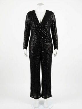 Honey Black Sequin Draped Surplice Jumpsuit XXL NYE Party Formal Sparkle